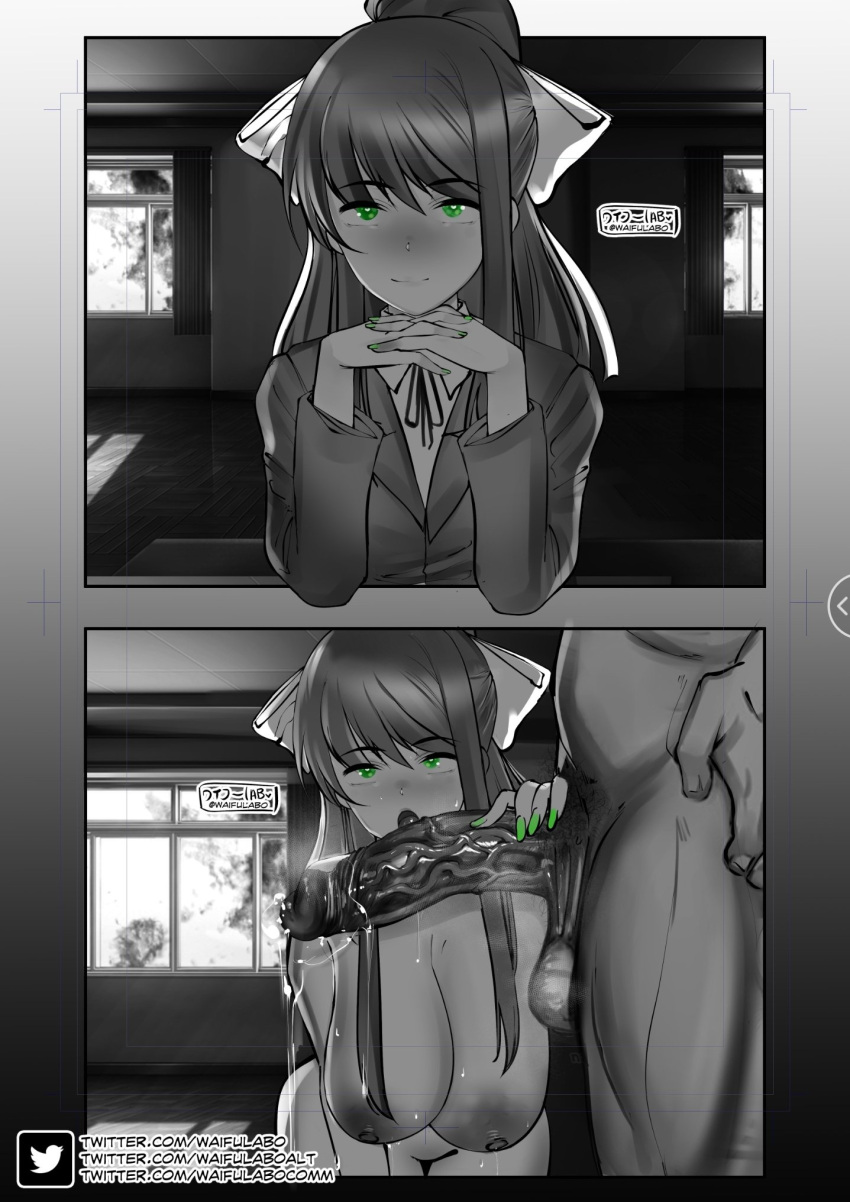 1boy 1boy1girl 1girls areola areolae artist_name balls big_breasts big_penis blush breasts clothed clothes clothing doki_doki_literature_club duo fellatio female green_eyes green_fingernails hair hair_bow hair_ribbon hand_on_penis large_breasts large_penis male male/female monika_(doki_doki_literature_club) monochrome mostly_black_and_white mostly_greyscale mostly_monochrome naked nipples nude oral partially_colored penis precum precum_drip straight thighs twitter_username veiny_penis watermark