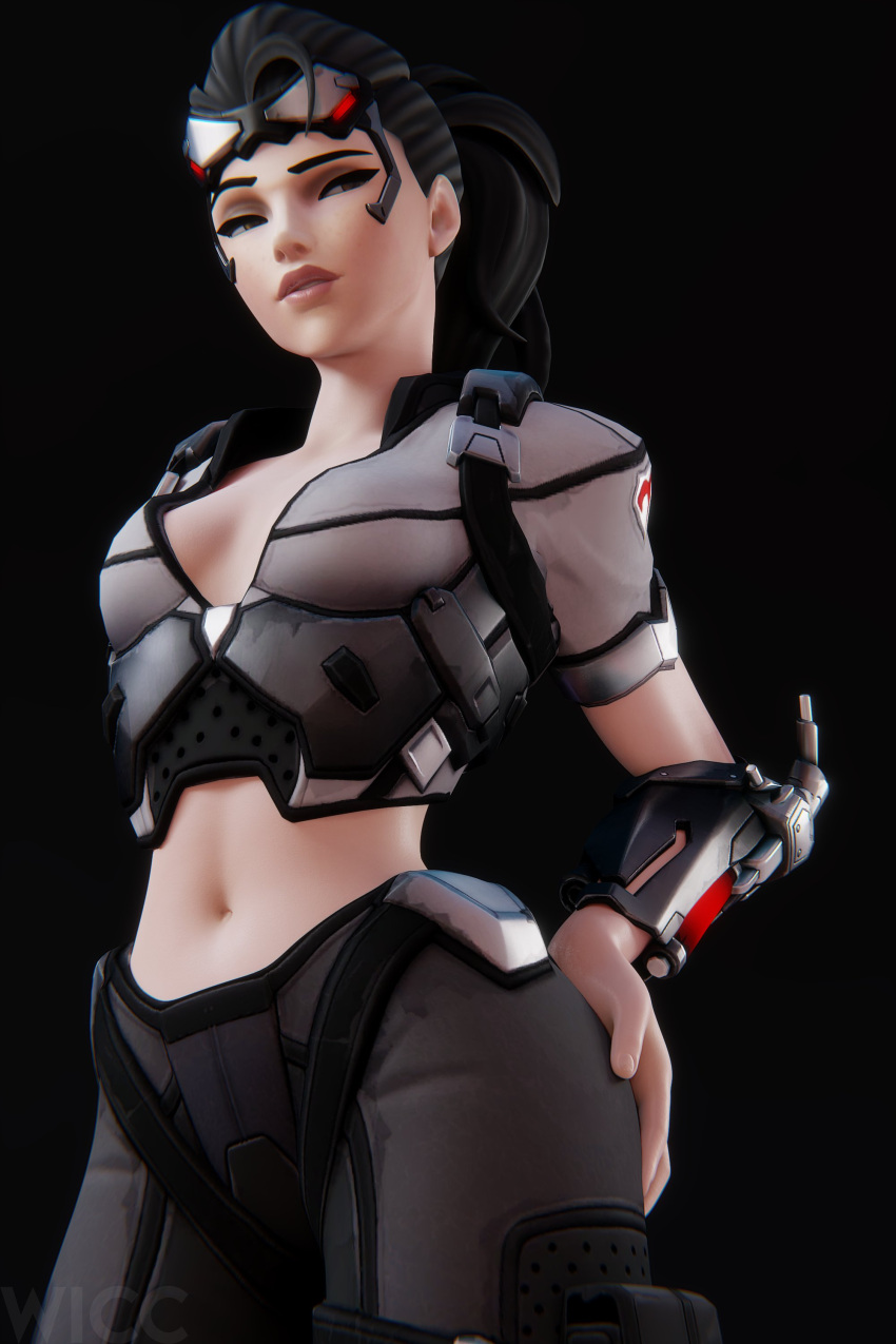 1girls 3d armor black_background black_hair blender clothed clothing female female_focus female_only headgear headwear light-skinned_female light_skin overwatch pose posing solo talon_widowmaker watermark wicc26 widowmaker