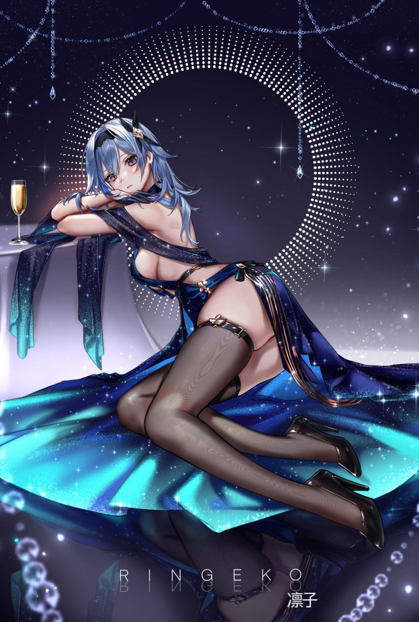 1girls ass blue_dress breasts clothing curvaceous curvy dress drink eula_(genshin_impact) female full_body fully_clothed genshin_impact hi_res high_heels large_breasts legs long_hair looking_at_viewer on_floor revealing_clothes ringeko_chan seductive sideboob thick_thighs thighhighs