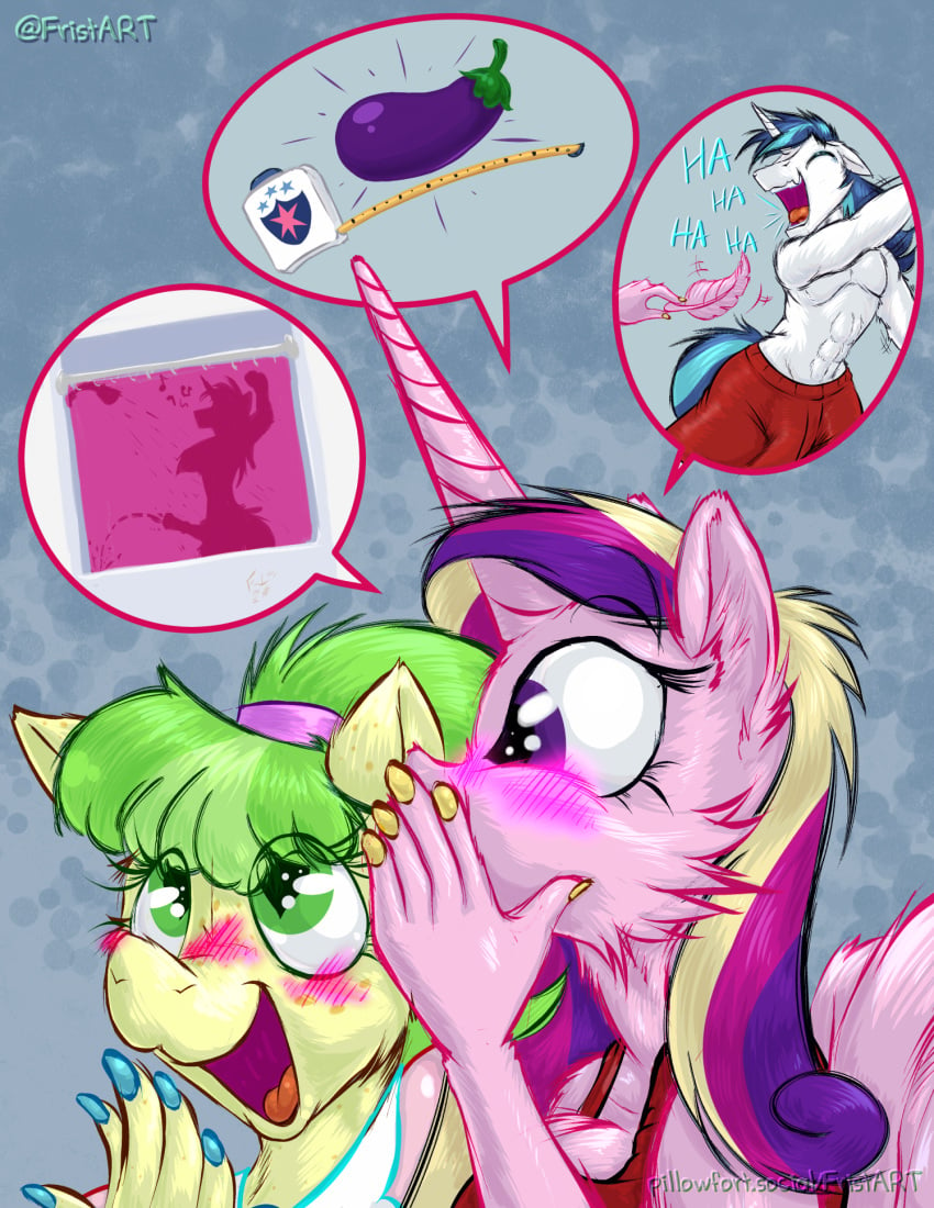 <3_eyes blush chickadee_peachbottom eggplant feathers female food friendship_is_magic fruit genitals giggling gossip hasbro heart hi_res laugh male ms._peachbottom_(mlp) my_little_pony peeing penis plant princess_cadance_(mlp) shining_armor_(mlp) shower silhouette tape_measure tickling whispering