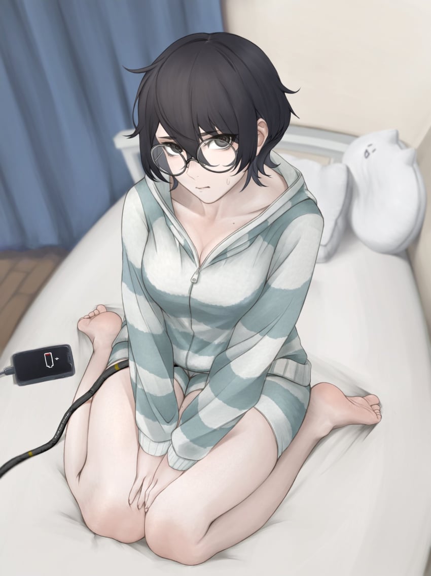 1girls artist_request bare_legs bare_thighs barefoot beauty_mark bed bed_sheet bedding bedroom bedsheets black_eyes black_hair character_request charging charging_battery charging_device cleavage clothed collarbone cyborg cyborg_girl disguise disguised embarrassed embarrassed_female female female_only glasses hands_between_legs hiding_pussy iphone knees_together_feet_apart medium_breasts mole mole_on_breast pajamas phone provocative robot robot_girl seductive seductive_eyes seductive_look short_hair sitting sitting_on_bed sleepwear solo striped striped_clothing striped_legwear stripes sweating thick_thighs thighs vaginal_insertion vaginal_object_insertion vaginal_penetration