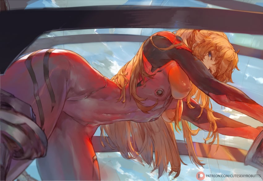 1girls artist_name asuka_langley_sohryu bent_over blue_eyes bodysuit clothing cutesexyrobutts erect_nipples erect_nipples_under_clothes female ginger hi_res highres long_hair looking_at_viewer medium_breasts neon_genesis_evangelion nipple_bulge patreon_username red_hair skin_tight solo solo_female tight_clothing