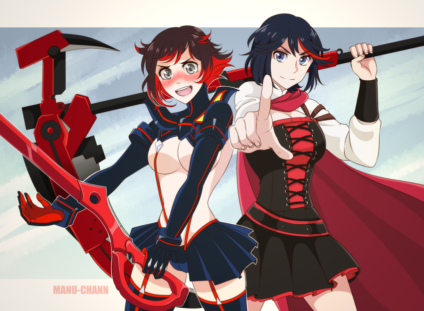 2girls big_breasts black_hair blue_eyes blush blushing_at_viewer clothes_swap cosplay costume_switch crescent_rose crossover eastern_and_western_character exposed_breasts female female_only holding_sword kill_la_kill manu-chann matoi_ryuuko matoi_ryuuko_(cosplay) outfit_swap red_hair ruby_rose ruby_rose_(cosplay) rwby scythe senketsu silver_eyes sword thighhighs tomboy two_tone_hair weapon