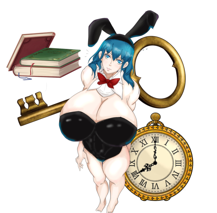 1girls alternate_costume blue_eyes blue_hair book bunny_ears bunny_girl bunnysuit byleth_(fire_emblem) byleth_(fire_emblem)_(female) cleavage clock female female_only fire_emblem fire_emblem:_three_houses gigantic_breasts kamui_(artist) key long_hair nintendo solo teal_hair