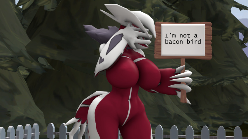 16:9 2021 3d 3d_(artwork) anthro big_breasts breasts digital_media_(artwork) dnrud12 english_text facepalm featureless_breasts female fence fur genitals grey_body grey_fur hi_res holding_object holding_sign legendary_pokemon navel nintendo no_nipples plant pokémon_(species) pokemon pokemon_(species) pokemorph pose pussy red_body red_skin shiny_pokemon sign solo source_filmmaker standing text text_on_sign tree video_games white_body white_skin widescreen yveltal