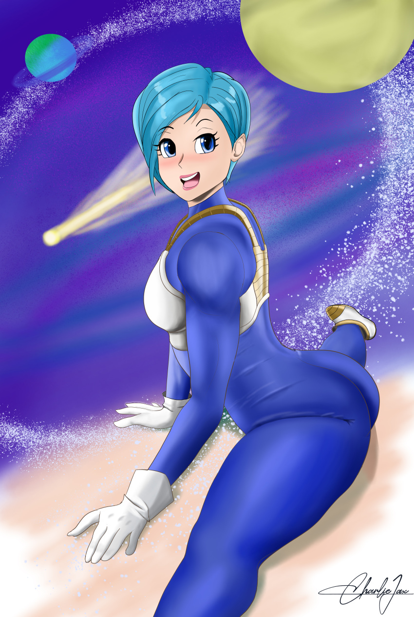 1girls ass blue_clothing blush bodysuit boots breasts breasts bulma_briefs charliejax cosmos dragon_ball dragon_ball_super dragon_ball_z female female female_only fully_clothed gloves planet pose posing saiyan_armor solo solo_female thick_thighs white_gloves