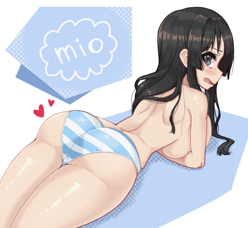 1girls ass big_ass big_breasts big_butt black_hair blue_eyes blue_striped_panties breasts eye_contact female female_focus female_only heart k-on! laying_down laying_on_stomach long_hair looking_at_viewer looking_back looking_back_at_viewer lying_on_stomach mio_akiyama_(k-on!) panties panties_only shimapan solo striped_panties stripes thick_thighs thighs young_savage