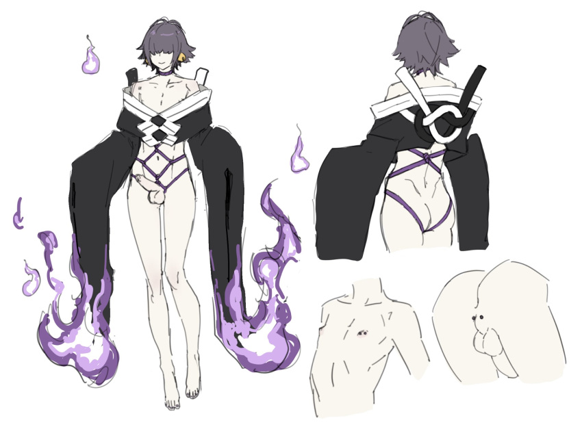 1boy ass bondage bottomless character_sheet erection hair_over_eyes male mokotoko9 pale_skin penis rope sketch solo white_background
