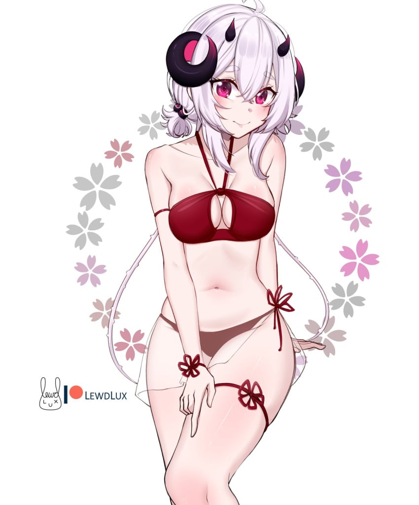 1girls female horn horns lewdlux nano_(nanoless) navel red_bikini red_bikini_bottom red_bikini_top red_eyes shy smile thick_thighs tummy white_hair