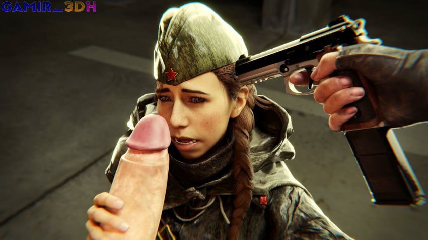 1boy 2girls big_penis braided_hair brown_hair call_of_duty call_of_duty_vanguard faceless_male forced gamir_sfm gun huge_cock imminent_oral large_penis light-skinned_female light-skinned_male military_hat penis polina_petrova rape scared soviet