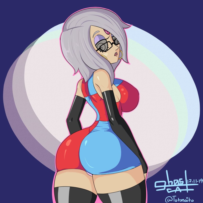 1girls alternate_costume alternate_version_available android_21_(cosplay) armwear ass back back_view big_ass big_breasts black_glasses black_gloves black_thighhighs clothing cosplay crossover dragon_ball dragon_ball_fighterz dragon_ball_z earrings eyeshadow female female_only forehead_jewel glasses gloves grey_hair hoop_earrings huge_ass huge_breasts letonia_(totonaito) looking_back mature mature_female mature_woman milf mother original rear_view shounen_jump sideboob solo solo_female thick_thighs thighhighs thighs totonaito