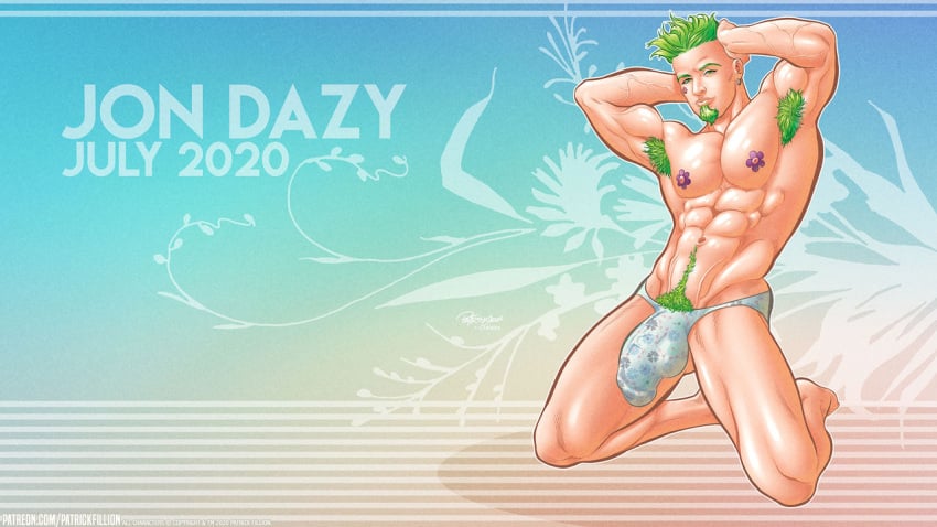 1male abs armpit_hair armpits bulge class_comics green_hair green_pubic_hair jon_dazy male male_focus male_only patrick_fillion pubic_hair solo solo_male tattoo underwear_only