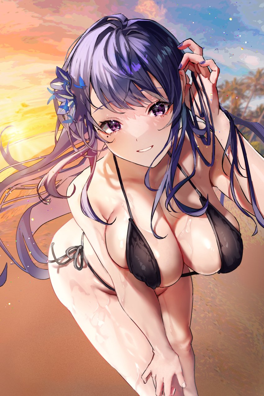 1girls beach big_breasts bikini female female_only genshin_impact hair_ornament large_breasts long_hair looking_at_viewer mole mole_under_eye purple_eyes purple_hair raiden_shogun solo solo_female swimsuit thick voluptuous wet yavalley