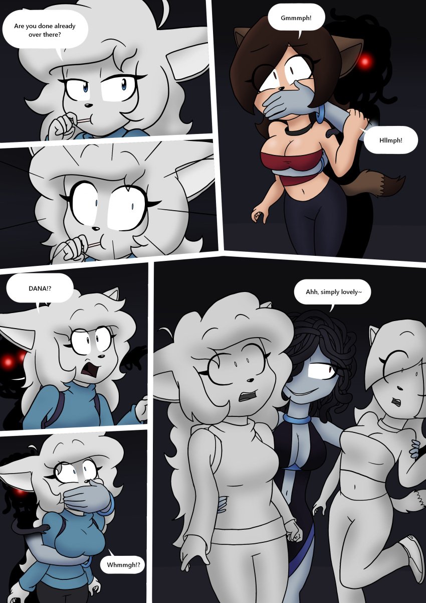 3girls anthro anthro_only cam_frefer9 comic comic_page dana_frefer9 exploration female female_only frefer9 furry furry_only halloween haunted_house holidays midriff navel page_2 petrification statue turned_to_stone