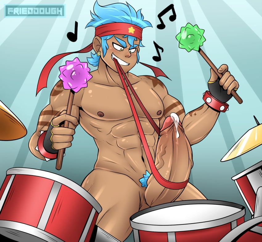 1boy abs big_penis black_gloves blue_hair boner bracelet bracelets drums drumsticks earring erection frieddough gloves hairy_penis headband lasso looking_at_penis loomer_(frieddough) male male_only music_note no_clothes nude original_character pecs precum red_headband solo tattoo tattoos uncensored yellow_eyes