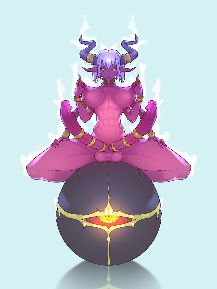 1futa areolae balls big_breasts breasts cock_ring demon diphallia diphallism erection futa_only futanari glowing_eyes horns huge_cock humanoid humanoid_penis large_breasts long_penis multi_arm multi_limb multi_penis multi_tail nipples nude orb penis purple_skin sitting solo symmetry tailbox