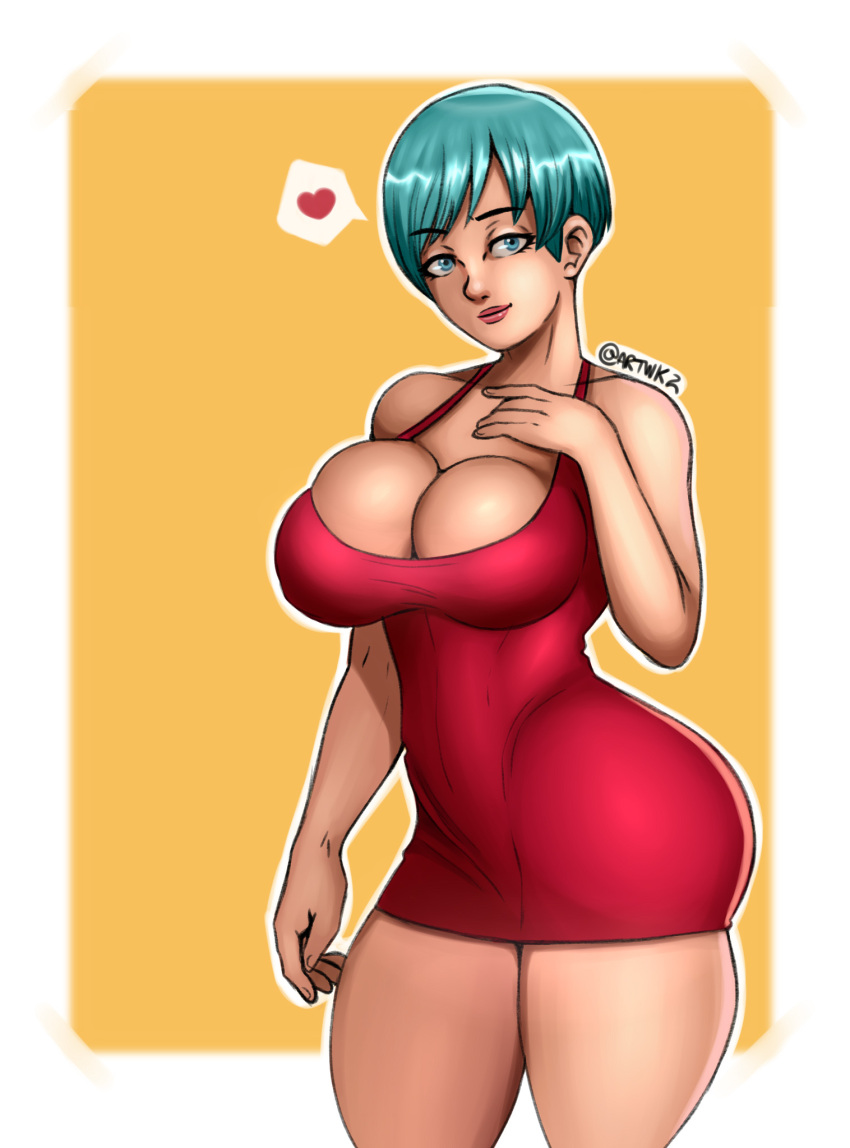 1girls ass big_ass big_breasts breasts bulma_briefs cleavage clothing cyan_eyes cyan_hair dragon_ball dragon_ball_super dragon_ball_z dress female female_only hear hips lips mature mature_female mature_woman milf mother red_dress short_hair shounen_jump solo solo_female thick_thighs thighs wide_hips wkart