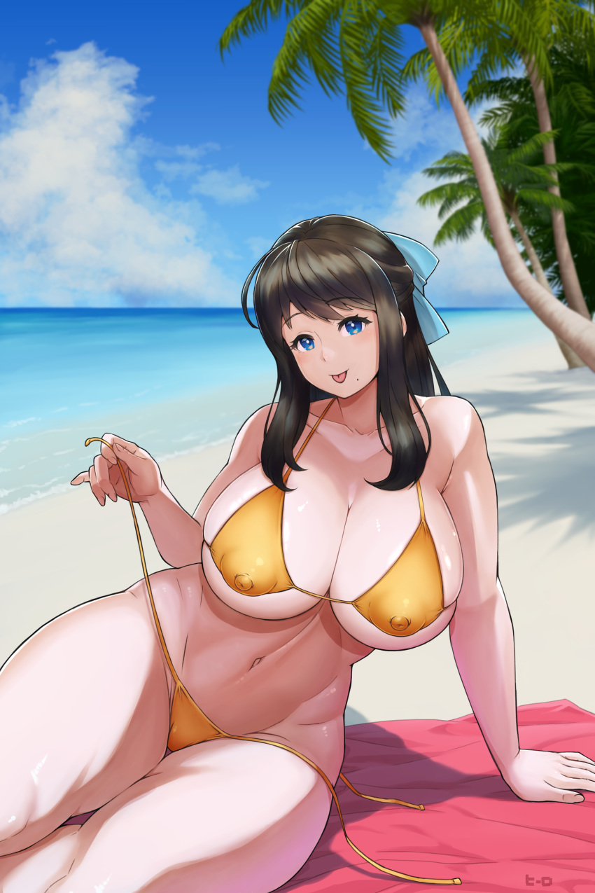 areola_bulge beach bikini blue_eyes breasts hero_(do-belman) hi_res huge_breasts long_hair mole mole_under_mouth navel nipple_bulge original outdoors outside palm_tree plump sky solo solo_female thick_thighs tongue tongue_out undressing wide_hips