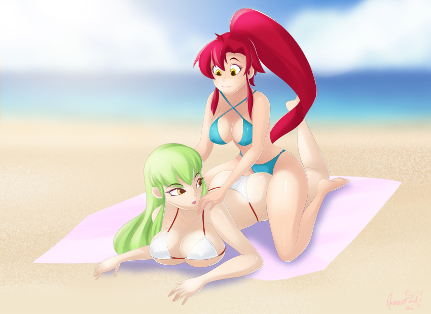 2girls applying_sunscreen beach bikini c.c. code_geass female female_only glamourpink green_hair humiliation imminent_death killer_lotion laying_on_stomach long_hair massage peril ponytail punishment red_hair rubbing sand seaside sitting_on_person snuff summer sunbathing swimsuit tengen_toppa_gurren_lagann towel yellow_eyes yoko_littner