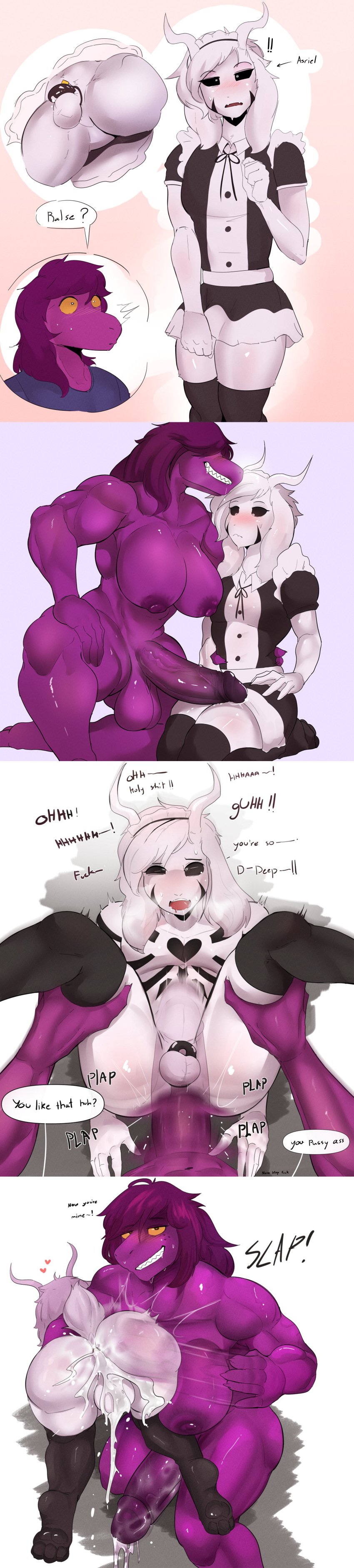 1boy 1futa 2022 2d after_sex anal anal_sex anthro asriel_dreemurr asriel_dreemurr_(god_form) ass athletic_futanari balls big_ass big_dom_small_sub bigger_dom biped black_sclera blush bodily_fluids boss_monster bottomwear bovid breasts caprine chastity chastity_cage chastity_device clothed clothing comic crossdressing cum cum_in_ass cum_inside deltarune dialog dialogue digital_media_(artwork) duo embarrassed english english_dialogue english_text exclamation_point female femboy fur furry futa_is_bigger futa_on_male futa_pov futadom futanari futanari_penetrating genitals goat hair hi_res horn huge_balls huge_breasts huge_cock imminent_sex interspecies kakhao large_breasts larger_futanari legwear looking_at_viewer maid_headdress maid_outfit maid_uniform male malesub mammal mistaken_identity muscular muscular_futanari naked nude nude_futanari penis penis_awe penis_size_difference pink_background pink_body pov powerful_sub property purple_hair purple_skin reptile ruined_anus ruined_reputation scalie simple_background size_difference skirt slapping slapping_butt smacking_ass small_penis smaller_male spanking speech_bubble stockings susie_(deltarune) sweat text thigh_highs thighhighs undertale undertale_(series) uniform upskirt veiny_penis video_games white_body white_fur yellow_eyes