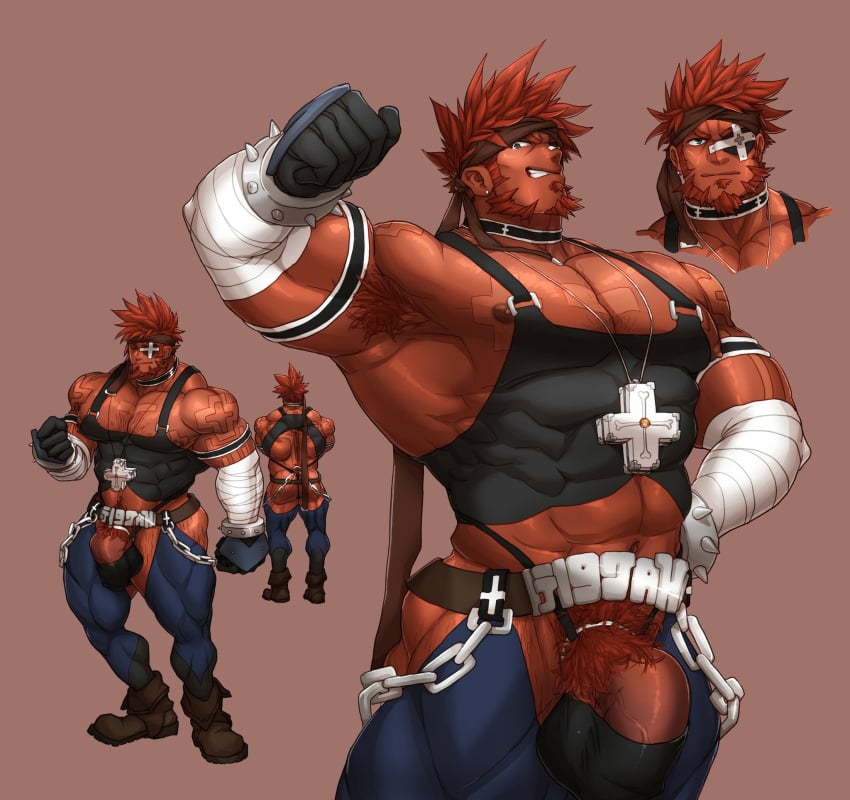 1boy abs armpit_hair armpits ass bandaged_arm bandages bara beard belt biceps boots brown_background bulge clenched_hands cock_ring dick_root eyepatch facial_hair flaccid flexing gloves headband highres human kuromine_hiraya male male_nipples male_only male_pubic_hair male_swimwear manly mature_male muscles muscular_male original pants pecs penis pose red_eyes red_hair reference_sheet sex_toy shoes short_hair simple_background solo spiked_hair swim_briefs tattoo thick_arms thick_eyebrows thick_thighs thighs veiny_penis wristband yuatari