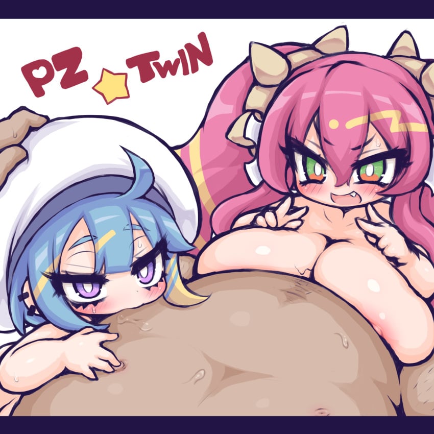 2girls arekishi big_breasts blue_hair blush duel_monster female hair_ornament hat huge_breasts live_twin_ki-sikil live_twin_lil-la looking_at_viewer multiple_girls nipple_play paizuri pale-skinned_female pale_skin peace_sign pink_hair pov_eye_contact titjob twintails yu-gi-oh!