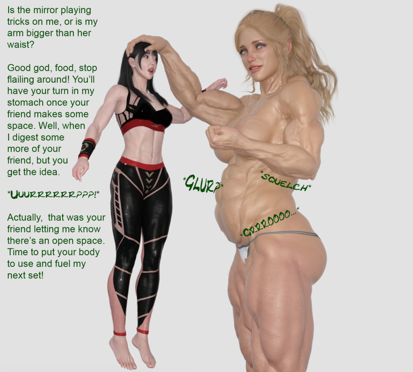 2girls 3d abs belly belly_bulge breasts burp burping dialogue female foomeratory larger_female muscular muscular_female nipples same_size_vore size_difference smaller_female text vore