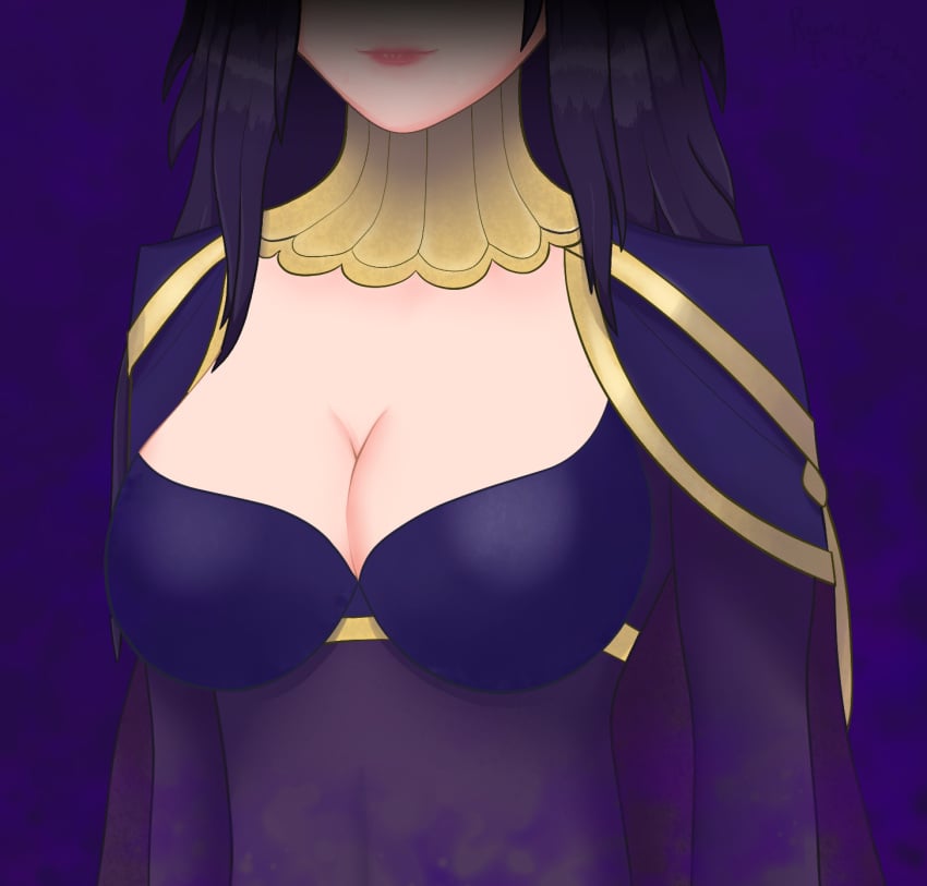 1girls aura bangs black_hair bodystocking breast_focus breasts cleavage dark_aura female female_only fire_emblem fire_emblem_awakening large_breasts lips long_hair magic nintendo nulla smile solo solo_female tharja_(fire_emblem)