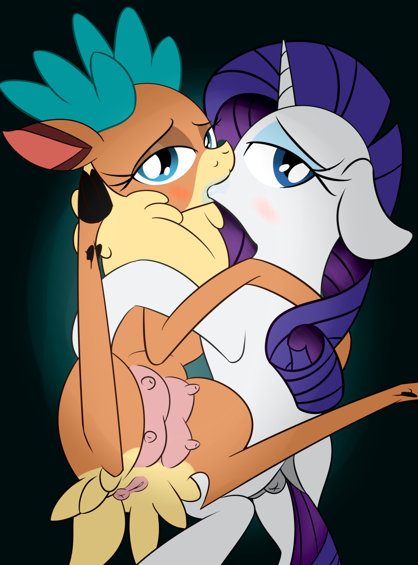 2015 absurd_res animal_genitalia antlers anus bedroom_eyes black_background blue_antlers blue_eyes blush capreoline cervid chest_tuft crossover deer dipstick_ears dock duo equid equine eyelashes female female/female feral feral_on_feral floppy_ears friendship_is_magic genitals hasbro hi_res holding_each_other honeymono horn interspecies kissing looking_at_viewer mammal mane multicolored_ears my_little_pony narrowed_eyes oral plump_labia puffy_anus purple_mane pussy rarity_(mlp) reindeer scut_tail seductive short_tail simple_background sloppy_kiss them's_fightin'_herds tuft unicorn velvet_reindeer_(tfh) yuri