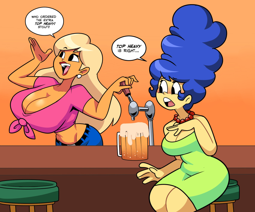 2girls beer big_breasts blonde_hair blue_hair breasts duff_beer female large_breasts marge_simpson superspoe tagme the_simpsons tied_shirt titania_(the_simpsons) yellow_skin