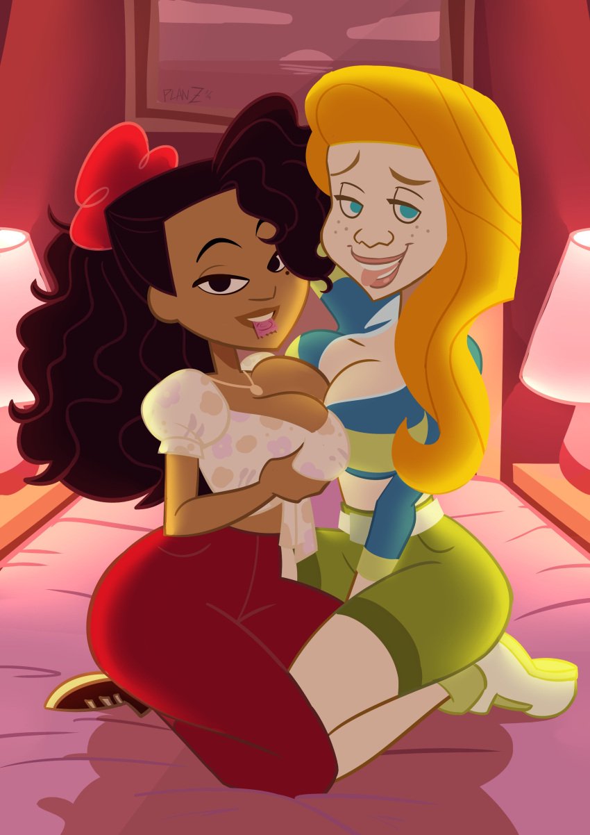 2girls aged_up big_breasts blue_eyes brown_body brown_skin busty cleavage commission condom_in_mouth dark-skinned_female dark_skin disney female female_only hips huge_breasts inviting_to_sex large_breasts legs light-skinned_female light_skin multiple_girls no_watermark on_model penny_proud penny_proud_(adult) planz34 smooth_skin the_proud_family the_proud_family:_louder_and_prouder thighs voluptuous wide_hips zoey_howzer zoey_howzer_(adult)