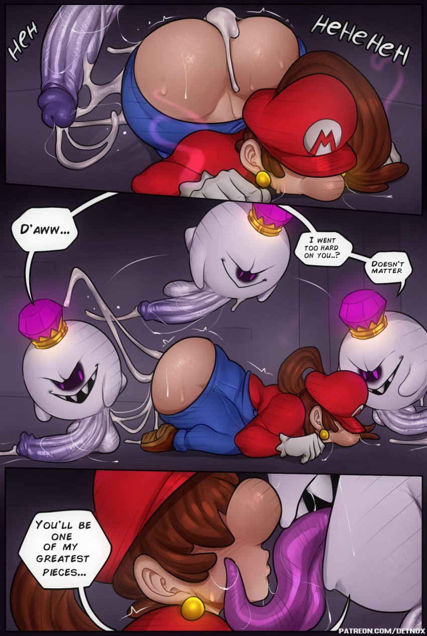 anal big_breasts big_nose big_penis bodily_fluids boo_(mario) boobjob breasts brown_hair clothed_rape comic cum cum_in_ass cum_inside cum_on_breasts detnox dialogue king_boo luigi's_mansion maria_(detnox) mariette mario mario_(series) new_super_mario_bros._u_deluxe oral oral_insertion oral_penetration oral_rape oral_sex penetration rape raped_by_monster rule_63