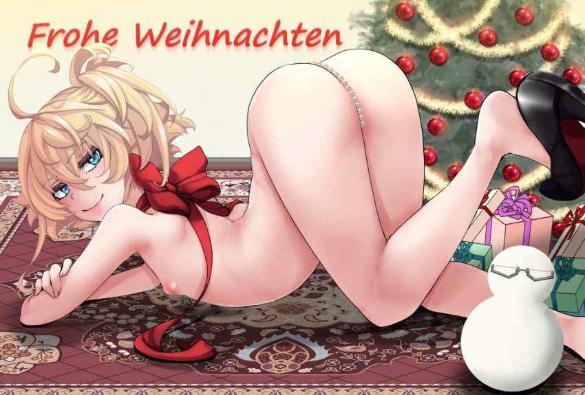 1girls ahoge arched_back ass ass_up blue_eyes carpet christmas christmas_greeting christmas_tree female female_only festive flat_chest hal_(goshujinomocha) hal_(pixiv53536) high_heels naked naked_footwear naked_heels nude pearls petite presents red_bow seductive_look soft_skin solo_female tanya_degurechaff youjo_senki