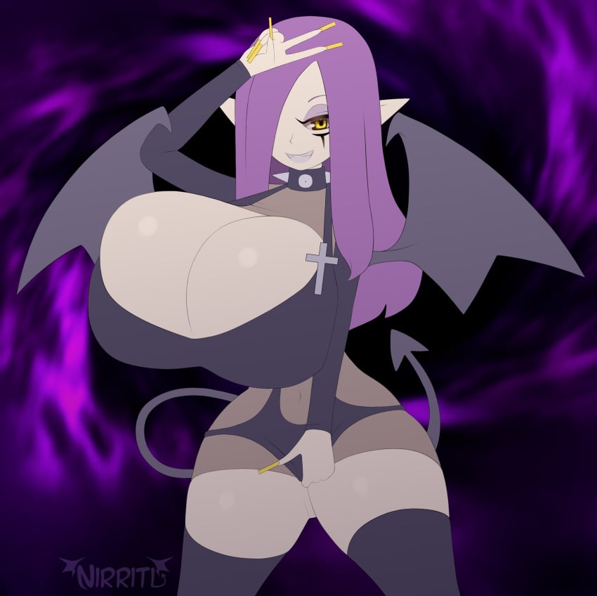 amber_eyes bat_wings big_breasts big_nails black_dress black_legwear cleavage cross fake_nails female gold_nails goth goth_girl hair_over_one_eye huge_breasts large_breasts long_hair looking_at_viewer monster monster_girl nirriti original_character peace_sign purple_hair smirking solo spiked_collar stockings succubus succubus_nirriti succubus_tail thick_thighs transparent_clothing wide_hips