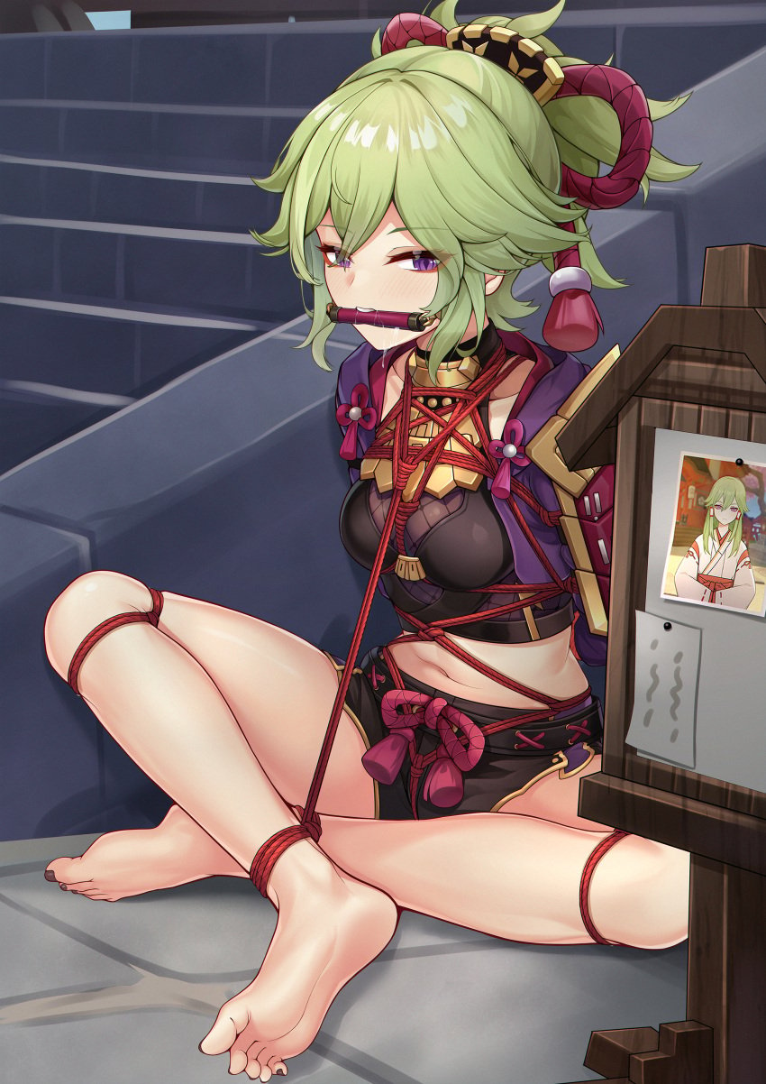 1girls arms_behind_back barefoot belly belly_button biting bondage bound bound_ankles bound_arms bound_hands bound_legs bound_wrists breasts captured crop_top drool drooling feet female female_focus female_only femsub gag genshin_impact green_hair hair_ornament kidnapped kuki_shinobu legs_crossed legs_tied looking_at_viewer medium_breasts midriff mihoyo mouth_gag mouthful navel photo photo_(object) picture ponytail presenting purple_eyes restrained restraints ribbon ribbons rope rope_bondage saliva saliva_trail shorts sitting sitting_indian_style solo solo_female solo_focus submissive_female teeth tied tied_arms tied_hands tied_up yiduan_zhu