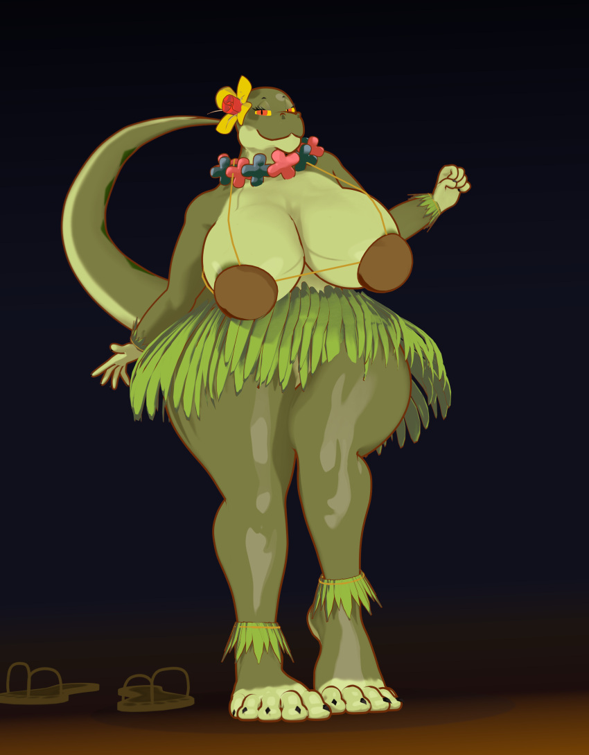 3d_(artwork) 5_fingers 5_toes absurd_res anthro areola areola_slip big_breasts big_feet breasts claws clothing coconut_bra digital_media_(artwork) feet female fingers flip_flops footwear green_body hi_res hula i2lsx margret_stalizburg mature_female reptile sandals scalie snake solo solo_focus thick_thighs toe_claws toes