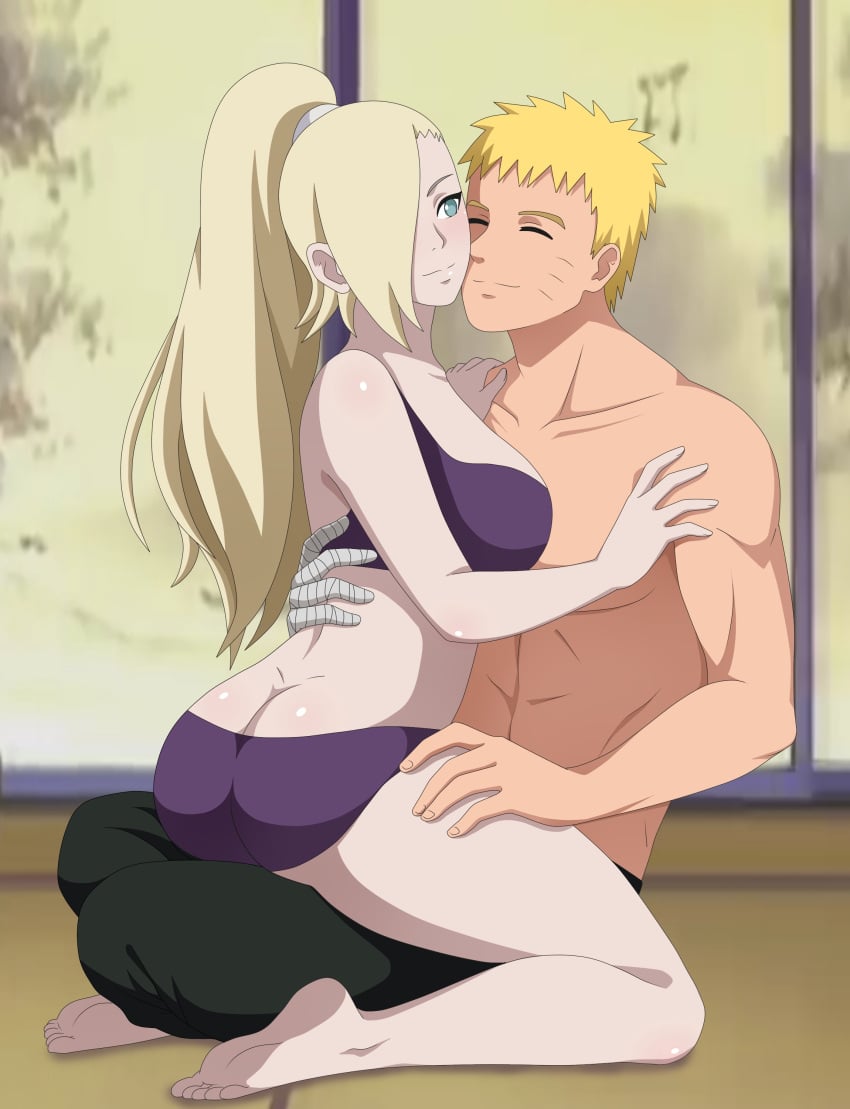 1boy 1girls ass ass_cleavage blonde_hair blush boruto:_naruto_next_generations butt_crack couple female half_naked iharuluna_(artist) ino_yamanaka lingerie male naruto naruto_(series) naruto_shippuden pants romantic shounen_jump smile smiling uzumaki_naruto