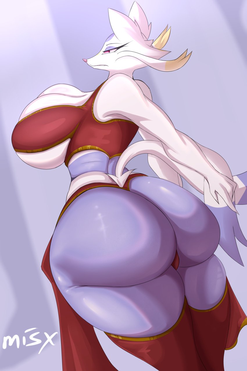 absurd_res anthro ass big_breasts big_butt bottomwear breast_squish breasts clothing exposed_breasts female fur hi_res huge_butt legwear mienshao misx nintendo pinup pokémon_(species) pokemon pose purple_body purple_fur rear_view shorts solo squish stockings thick_thighs thighhighs topwear video_games white_body wide_hips