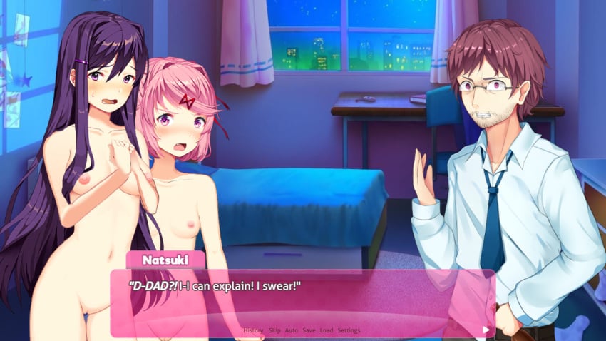 1boy 2girls accurate_art_style angry angry_expression angry_eyes angry_face arm_up bed bedroom beer belt big_breasts black_pants blue_tie brownish_hair caught caught_in_the_act chair city_lights curtains dadsuki ddlc_text_box doki_doki_literature_club english_text father female female/female glasses holding_beer holding_object male moments_before_disaster multiple_girls naked natsuki_(doki_doki_literature_club) no_clothes nude oerba_yun_fang open_mouth panel pants pink_eyes pink_hair pink_text_box pissed pissed_off purple_eyes purple_hair scared scared_expression scared_face sprite_edit sweat sweatdrop sweating teeth_clenched teeth_showing teeth_visible text text_box tie white_shirt window yuri yuri_(doki_doki_literature_club)