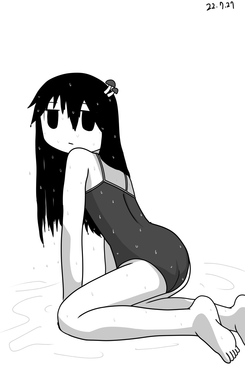 ._. 1girls ass big_ass big_butt black_hair clothed deadpan expressionless feet female female_focus female_only looking_at_viewer mob_face monochrome mushroom mushroom_on_head shijima_tsukishima shimeji_simulation solo solo_female solo_focus suggestive swimsuit unuse water wet