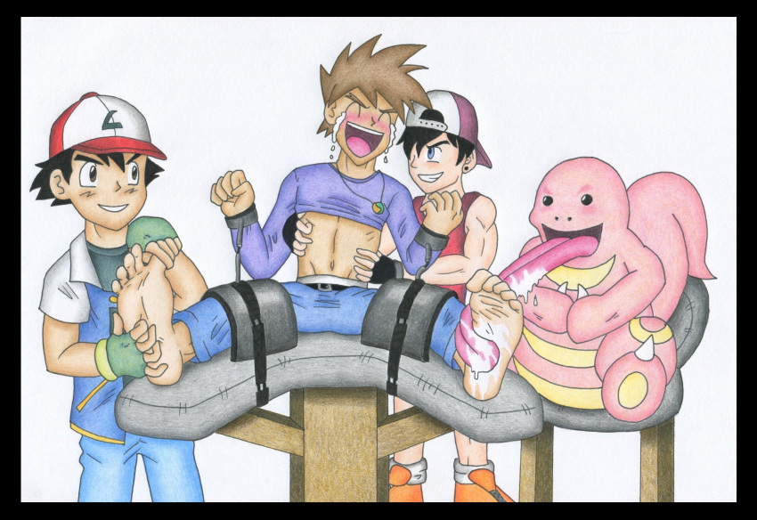 3boys barefoot black_hair bondage brown_hair gary_oak jaden_(trueticklefanatic) licking_foot lickitung male male_feet male_foot_fetish male_only original_character pokemon satoshi_(pokemon) tickle_torture tickling tickling_feet tickling_sides