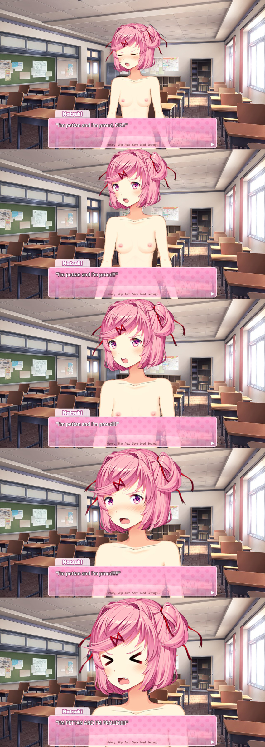 1girls accurate_art_style casual classroom classroom_nudity closet ddlc_text_box desk desks doki_doki_literature_club fang female flat_chest flat_chested looking_at_viewer naked natsuki_(doki_doki_literature_club) no_clothes nude nudist nudity open_mouth pettanko pink_eyes pink_hair proud public screaming small_breasts small_chest solo sprite sprite_edit text text_box windows