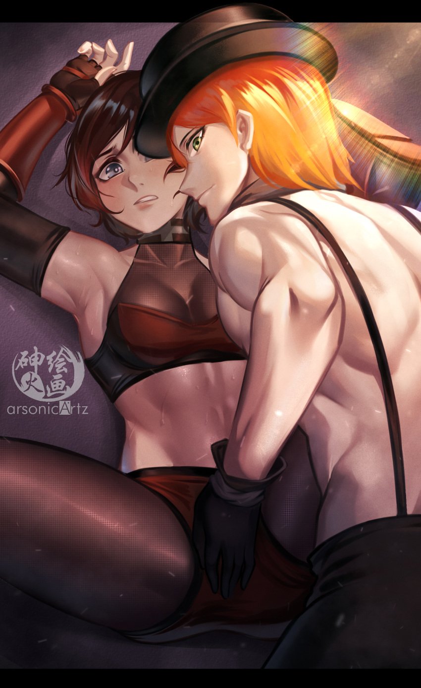 1boy 1girls arsonichawt blush bowler_hat erotic_wrestling female femsub fingering green_eyes light-skinned_female light-skinned_male light_skin male maledom mixed-sex_combat red_hair roman_torchwick rooster_teeth ruby_rose rwby short_hair silver_eyes watermark wrestling wrestling_outfit