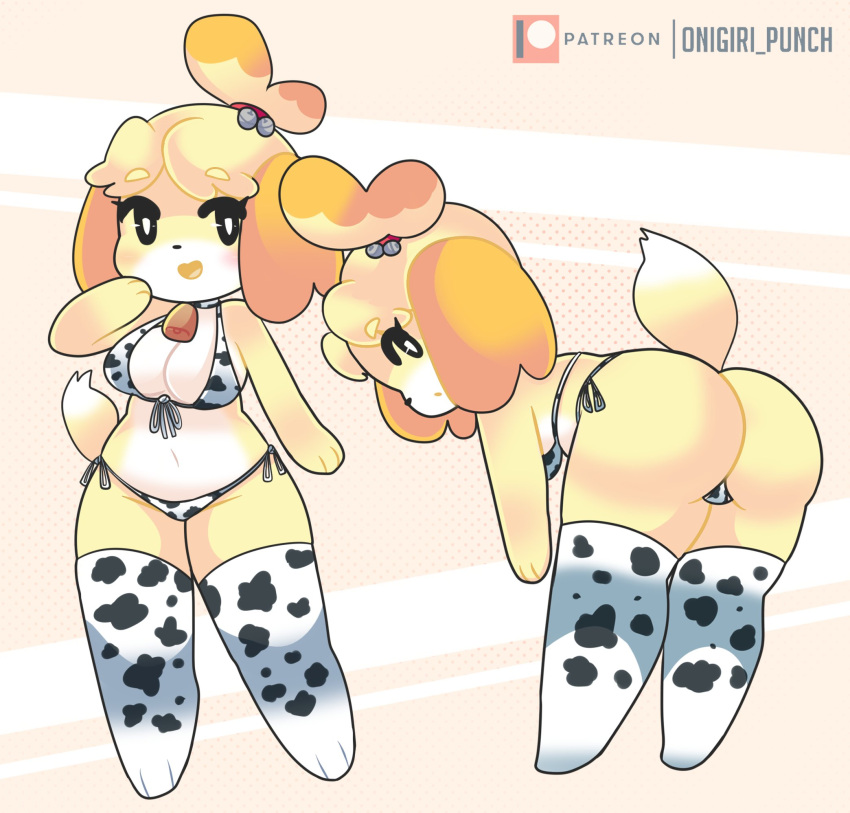 2022 animal_crossing ass big_ass big_breasts breasts bubble_butt cleavage cow_print female isabelle_(animal_crossing) nintendo oni_punch onigiri_punch tagme thighhighs