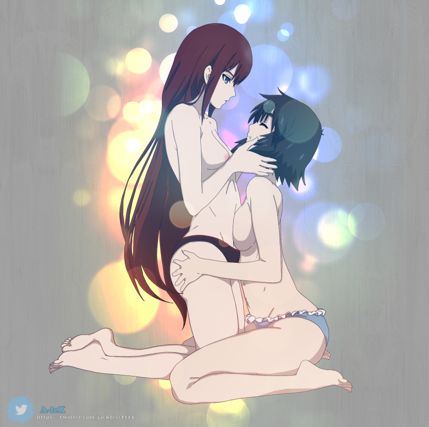 2d 2girls a-lex artist_name blue_hair brown_hair female female_only hands_on_ass happy large_breasts lesbian light-skinned_female makise_kurisu mostly_nude multiple_girls panties shiina_mayuri simple_background small_breasts steins;gate straddling twitter_username yuri