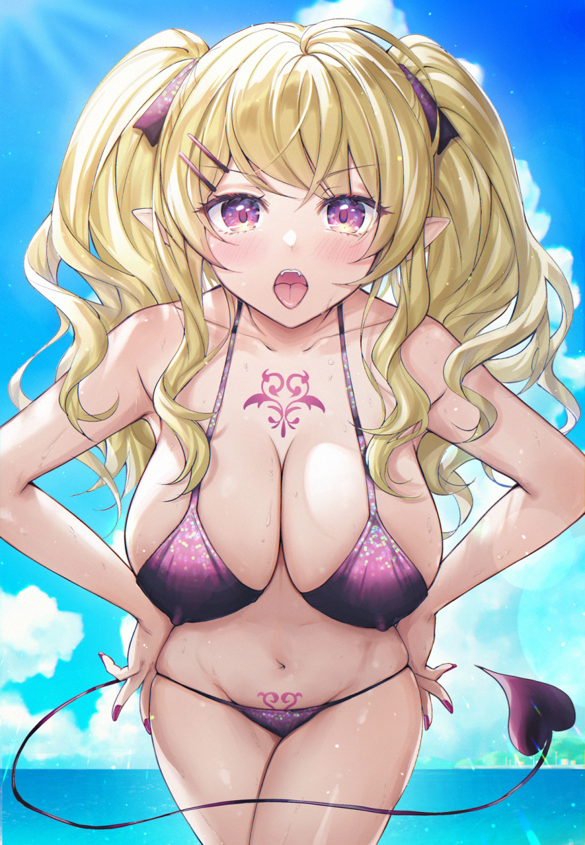 bare_arms bare_shoulders bikini blonde_female blonde_hair blue_sky breasts cleavage collarbone cowboy_shot day demon demon_girl demon_tail female hair_ornament hair_ribbon hairclip hands_on_hips highres horizon large_breasts long_hair looking_at_viewer lowleg lowleg_bikini mirukurim nail_polish navel ocean open_mouth original outdoors pointy_ears pubic_tattoo purple_bikini purple_eyes purple_nails purple_ribbon ribbon sky solo succubus succubus_tattoo summer swimsuit tail tattoo tongue twintails