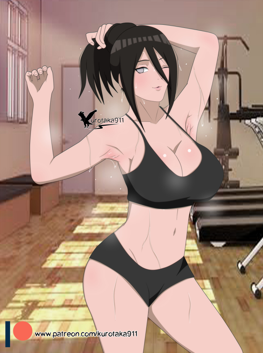 1girls agung911 alternate_hairstyle big_breasts bike_shorts blushing_at_viewer boruto:_naruto_next_generations breasts brown_hair busty byakugan cleavage female female_only fully_clothed gym hyuuga_hanabi indoors lavender_eyes looking_at_viewer midriff naruto naruto_(series) one_eye_closed revealing_clothes shounen_jump solo solo_focus sports_bra sweat sweatdrop sweating tied_hair tight_clothing wink workout_clothes