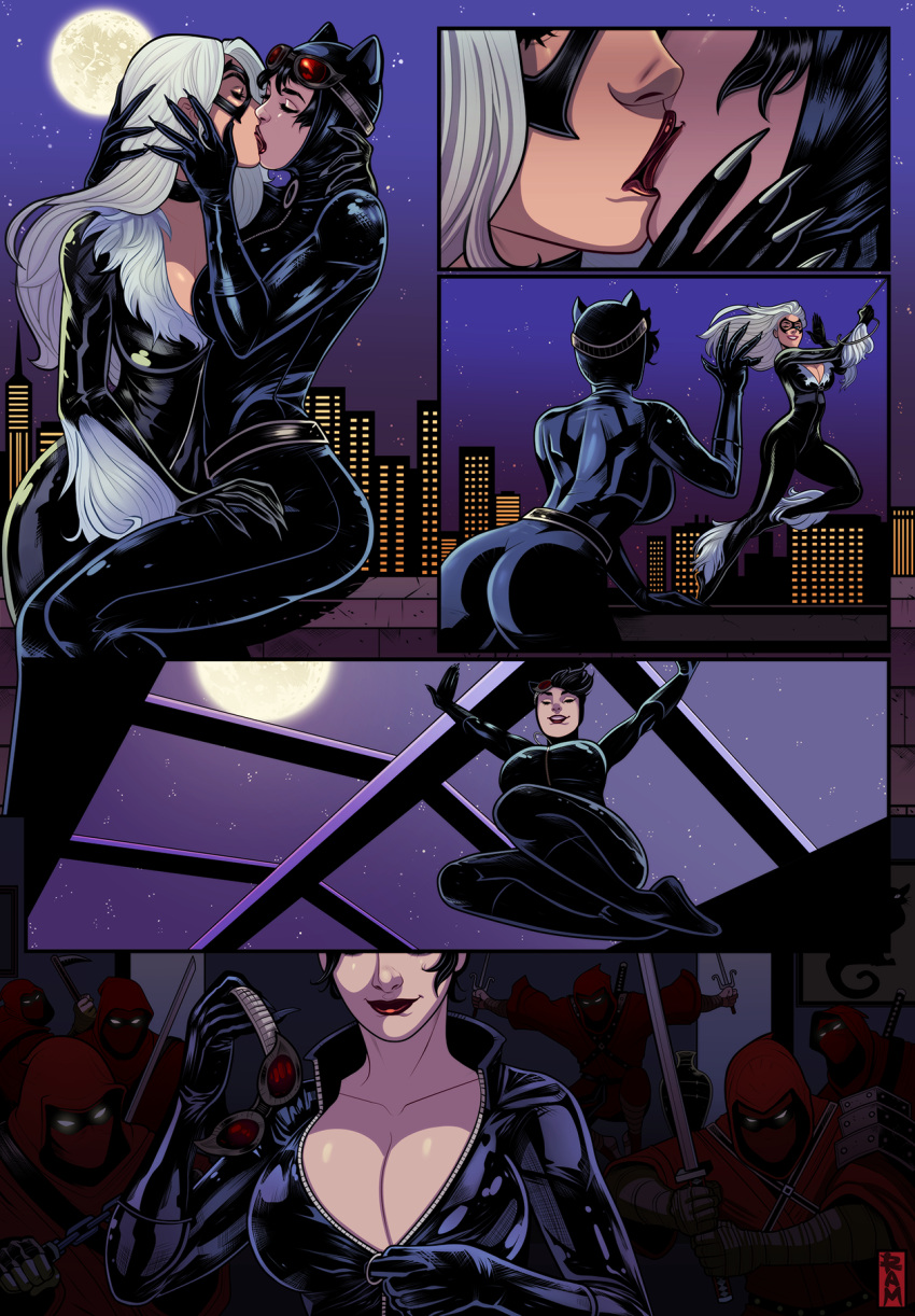 2girls ass batman_(series) big_ass big_breasts black_cat_(marvel) catwoman cleavage comic crossover dc dc_comics felicia_hardy female female_only huge_breasts kissing marvel marvel_comics multiple_girls ramartwork seductive selina_kyle spider-man_(series) supervillainess yuri