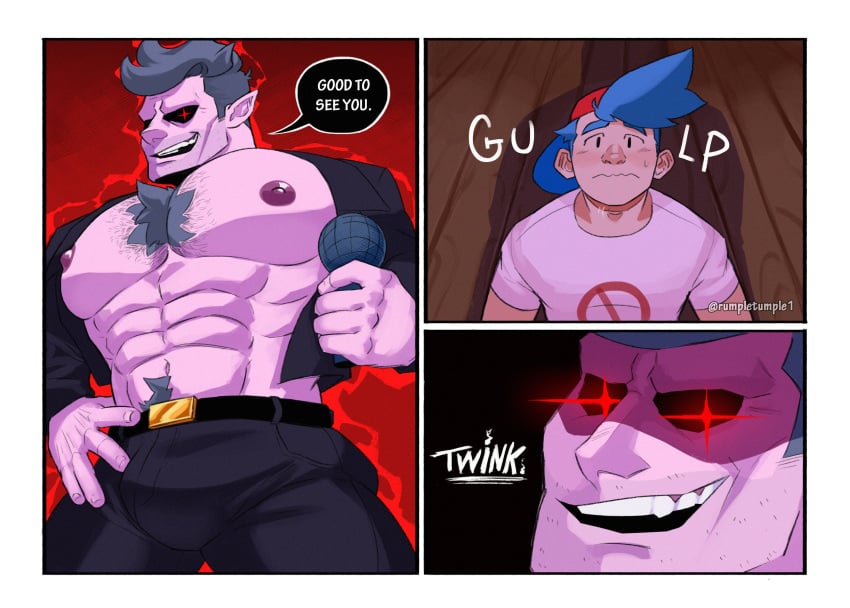 2boys backwards_baseball_cap baseball_cap big_sub blue_hair boner boyfriend_(friday_night_funkin) buff bulge burly chad chest_hair chest_tuft clothing daddy_dearest erection friday_night_funkin gay giga_chad giga_chad_energy gigachad glowing_eyes hat imminent_oral looking_at_another looking_down looking_up male male/male male_only muscular muscular_male nervous nipples pecs presenting pubic_hair purple_body red_eyes rumpletumple1 size_difference stubble tagme twink