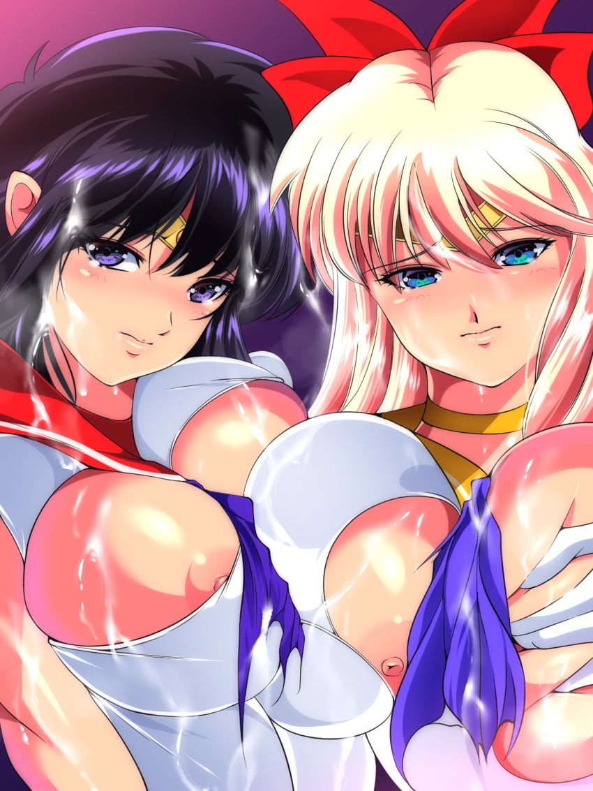 2girls big_breasts bishoujo_senshi_sailor_moon bow breasts clothing cum female female_only large_breasts minako_aino multiple_girls nipples rei_hino rifu sailor_mars sailor_venus tagme